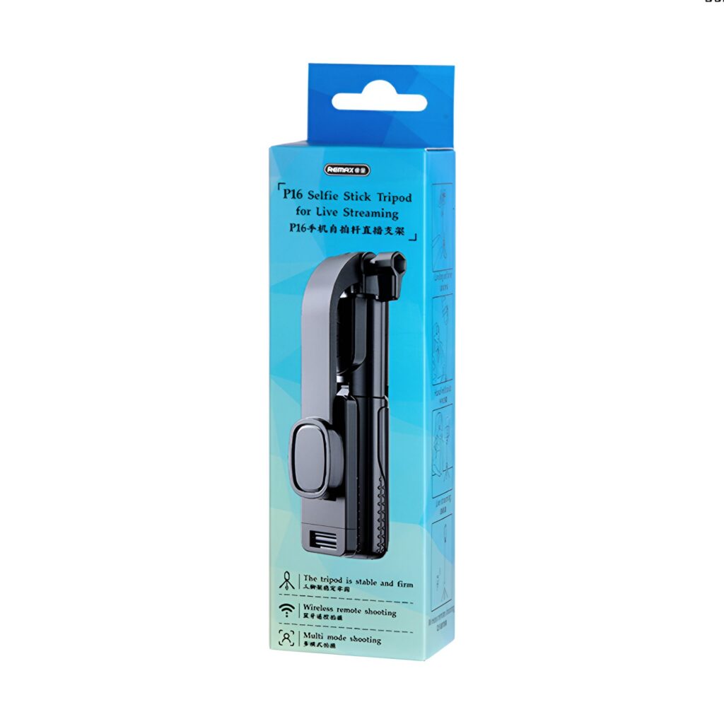 Packaged selfie stick tripod with blue and white box on a white background