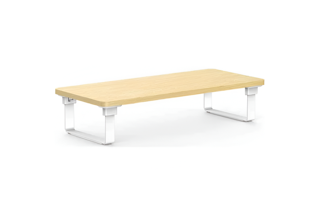 Wooden table with white legs on a white background