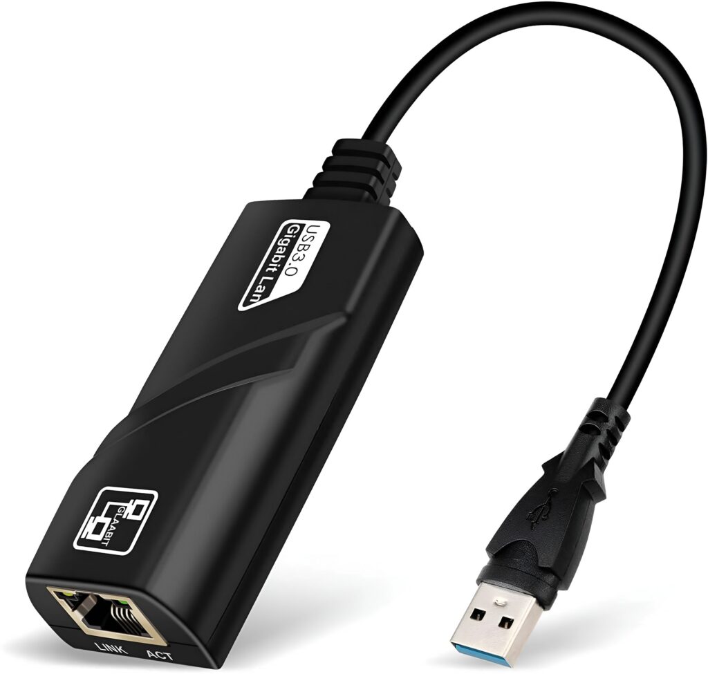 Black USB to Ethernet adapter with cable on a white background