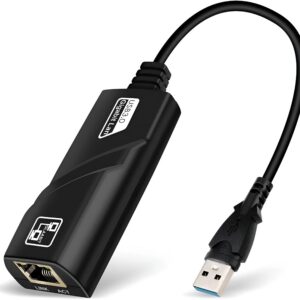 Black USB to Ethernet adapter with cable on a white background