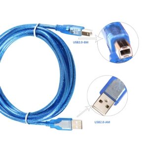 Blue USB cable with close-up details on connectors against a white background