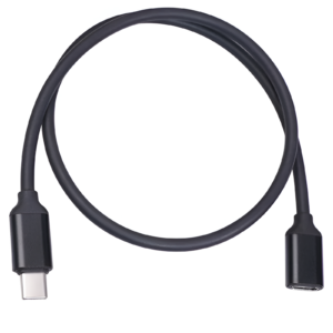 Black USB cable with two connectors on a white background