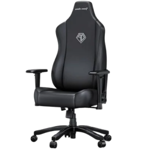 Black office chair with a diamond logo on a white background