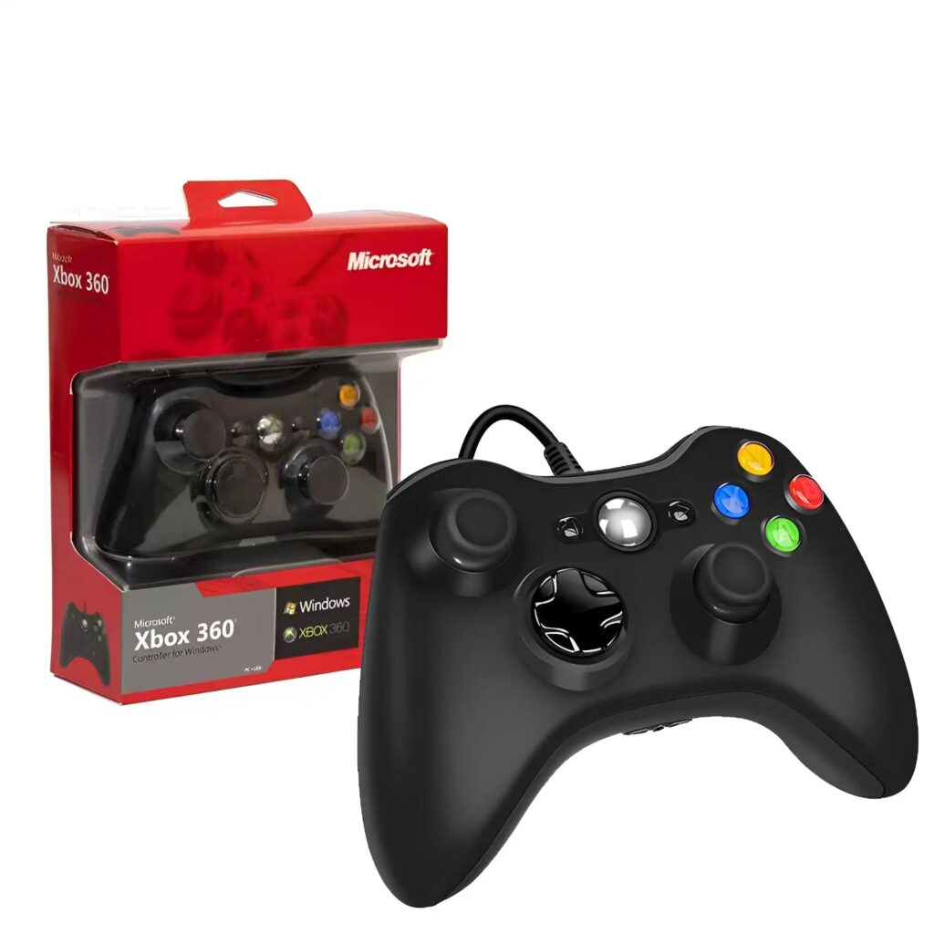 Black Xbox 360 controller next to its packaging with Microsoft branding on a white background