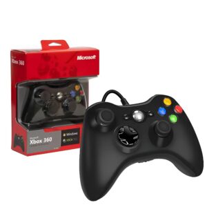 Black Xbox 360 controller next to its packaging with Microsoft branding on a white background